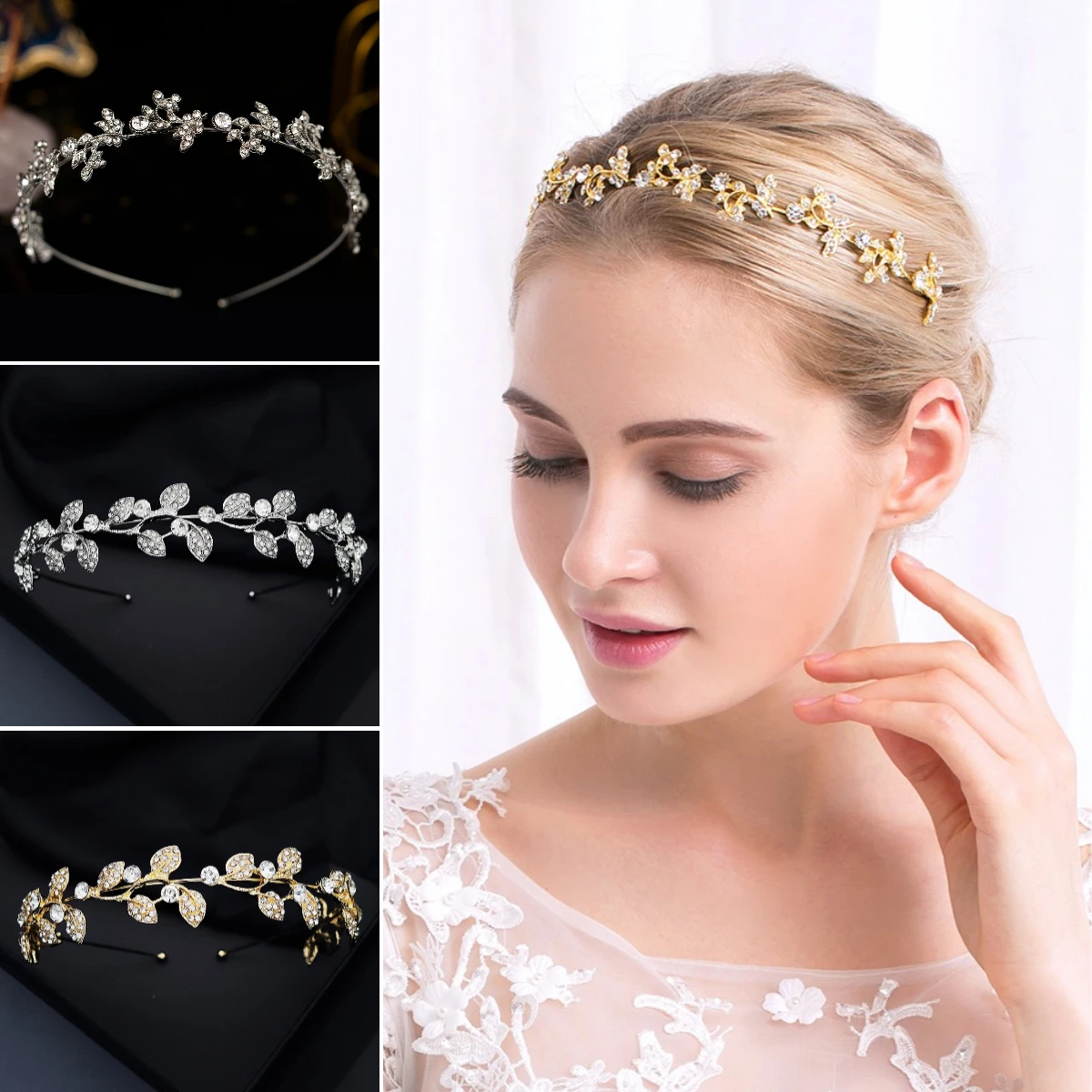 

Miallo Rhinestone Pearl Crown Headband Vintage Crystal Bridal Tiaras Wedding Accessories Leaves Jewelry Golden Color for Hair