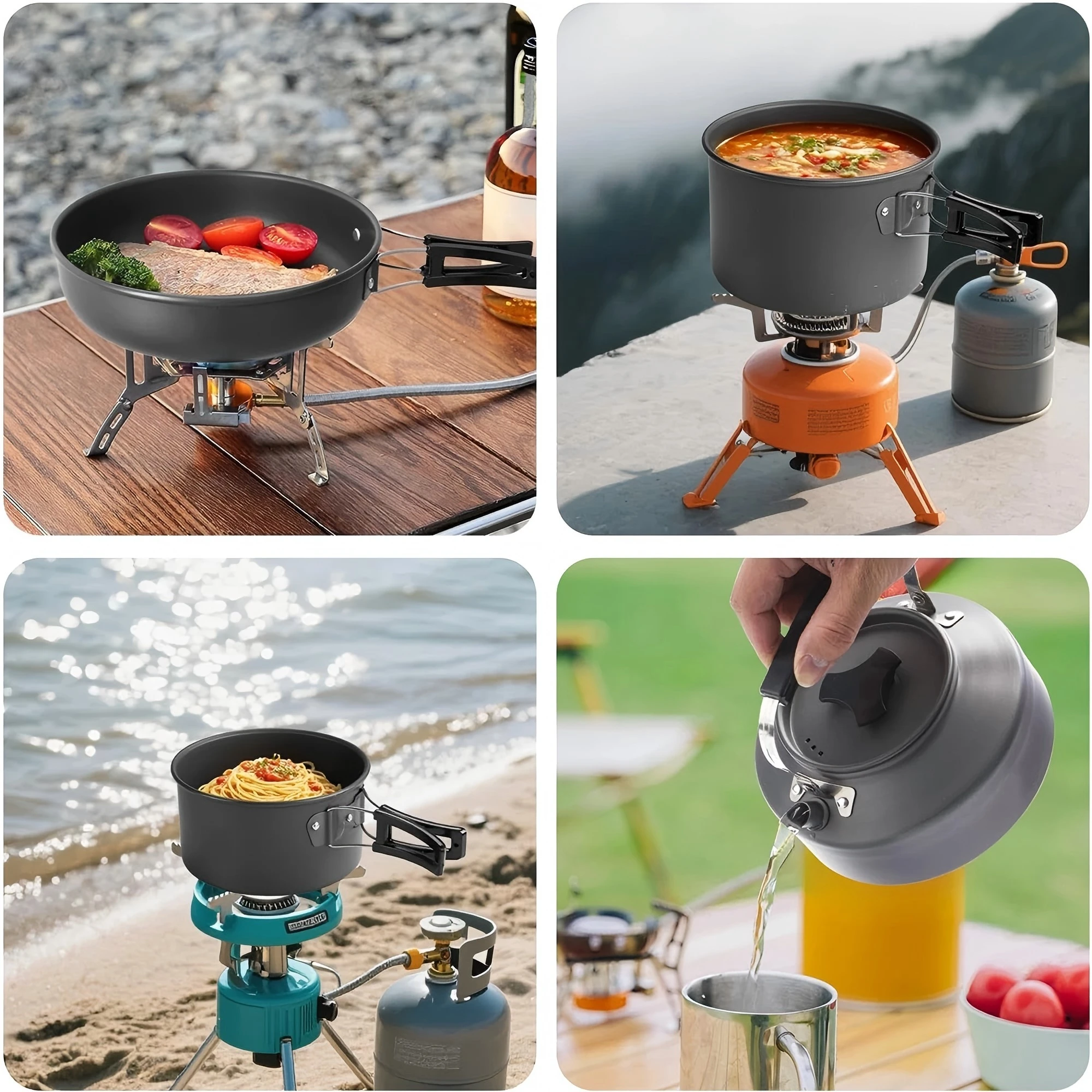 Outdoor-Camping-Kochgeschirr-Set aus Aluminium, leichtes Equipment für Outdoor-Picknicks mit mehreren Personen, einfach zu transportieren und mit Netzbeutel ausgestattet. – Detail 5