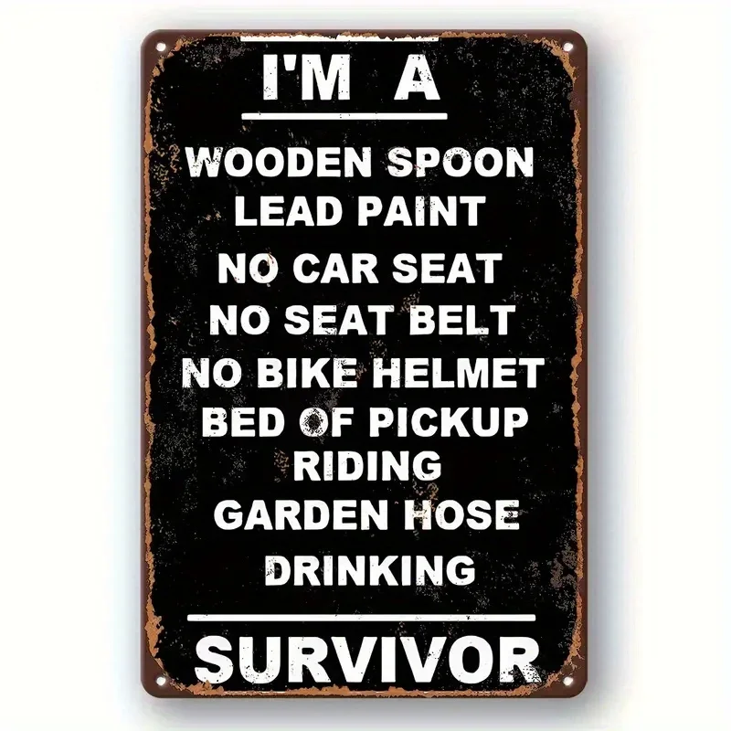 Retro Childhood Survivor Funny Quote Text Tin Sign - Vintage Durable Metal Plaque Wall Decor, Home Office Bar Man Cave Wall A