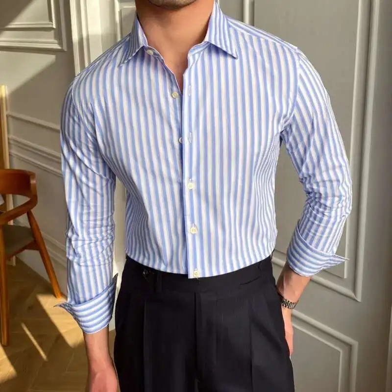 

Spring British Casual Stripe Shirt Retro Shirt Dress Camisa Masculina Social Italian 2022 Summer Men Long Sleeve Striped Shirt