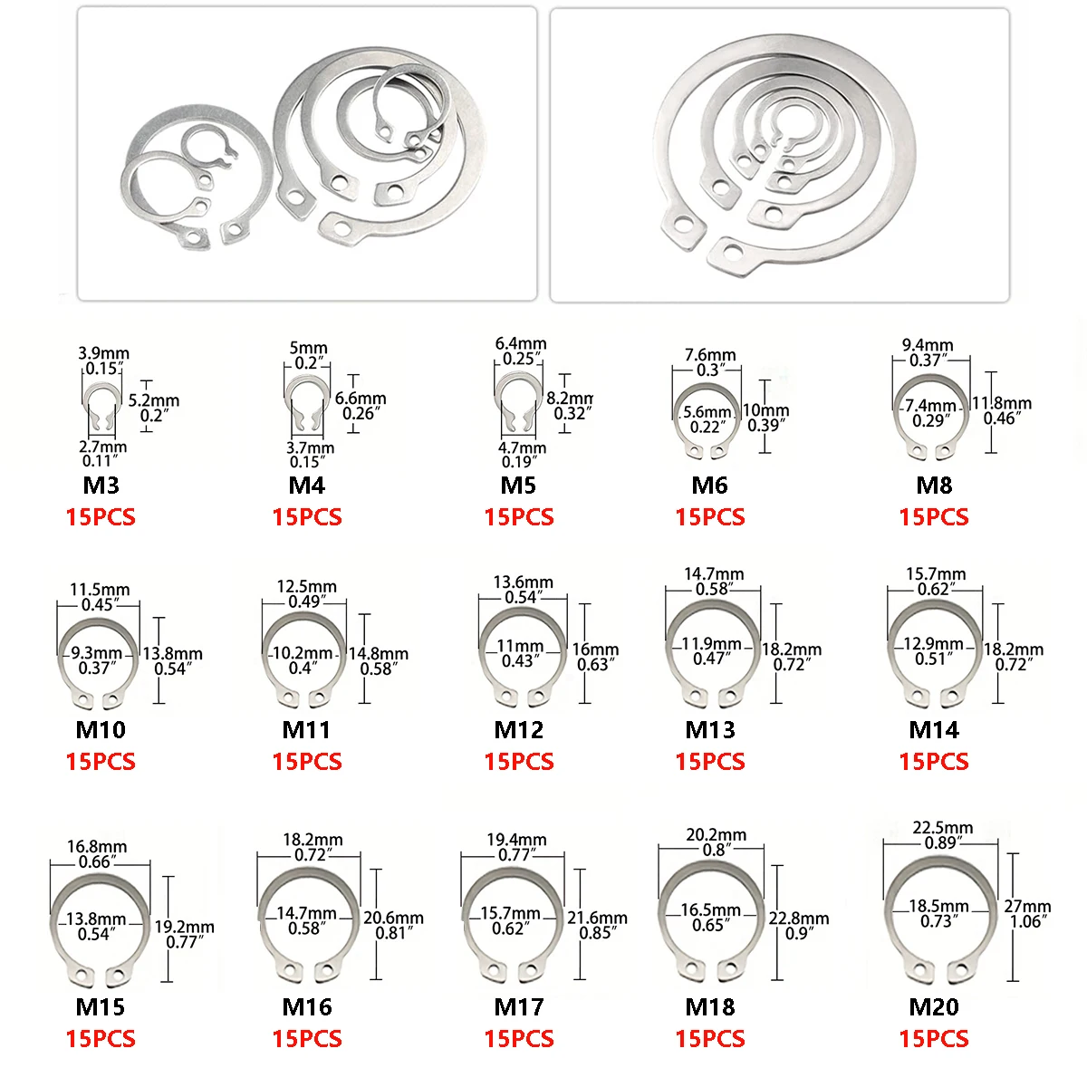 225pcs C-Clips External Fixing Ring Kit 15Sizes 304 Stainless Steel Coil Shaft Assortment Kit M3-M20 Pack Set