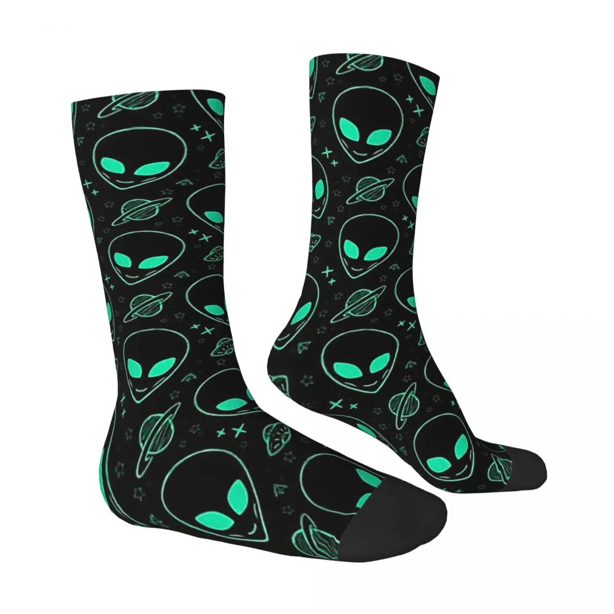 Funny Crazy Sock for Men Alien Pattern Hip Hop Vintage Alien Seamless Pattern Printed Boys Crew Sock Novelty Gift