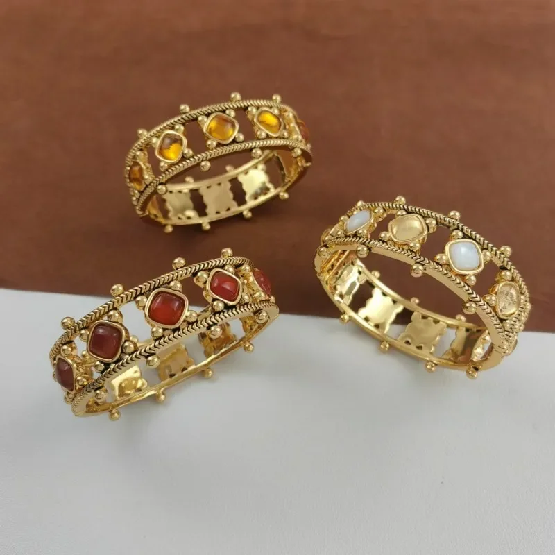 European and American Vintage Red Agate Inlaid Open Women's Bangles Designer Court Style High Jewelry Crystal Women's Bracelet