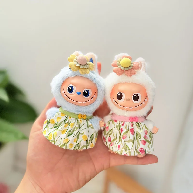 

New Mini Doll Outfit For 4th Gen LABUBU 4.0 Pin For Love Series Elegant Pink-Green Tulip Dress With Floral Hair Accessory Set