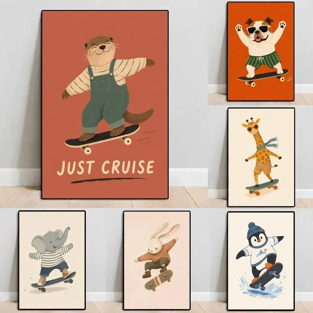 Art Cute Skateboard Dog Dachshund Canvas Prints Poster Self‑Adhesive Waterproof PP Poster Coffee House Bar Wall Art Sticker Room