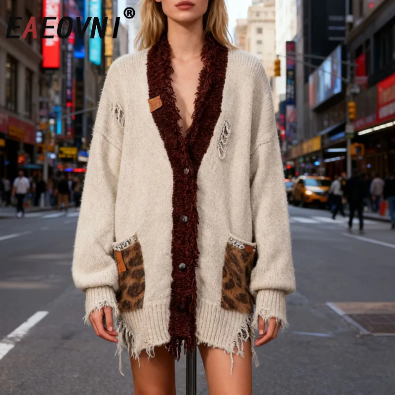 

EAEOVNI Vintage Hollow Out Knitted Cardigan Women Fashion V Neck Contrast Color Streetwear Loose Sweater Coat Autumn Winter New