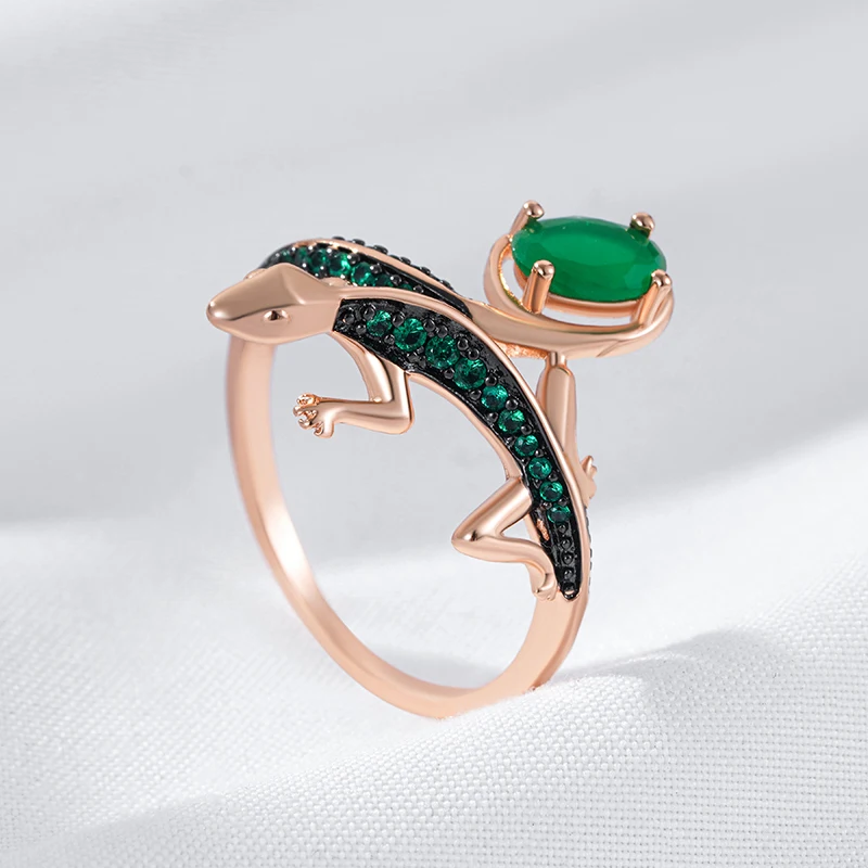 Kinel Hot Punk Green Natural Zircon Lizard Ring for Women 585 Rose Gold and Black Plating Vintage Animal Daily Fine Jewelry