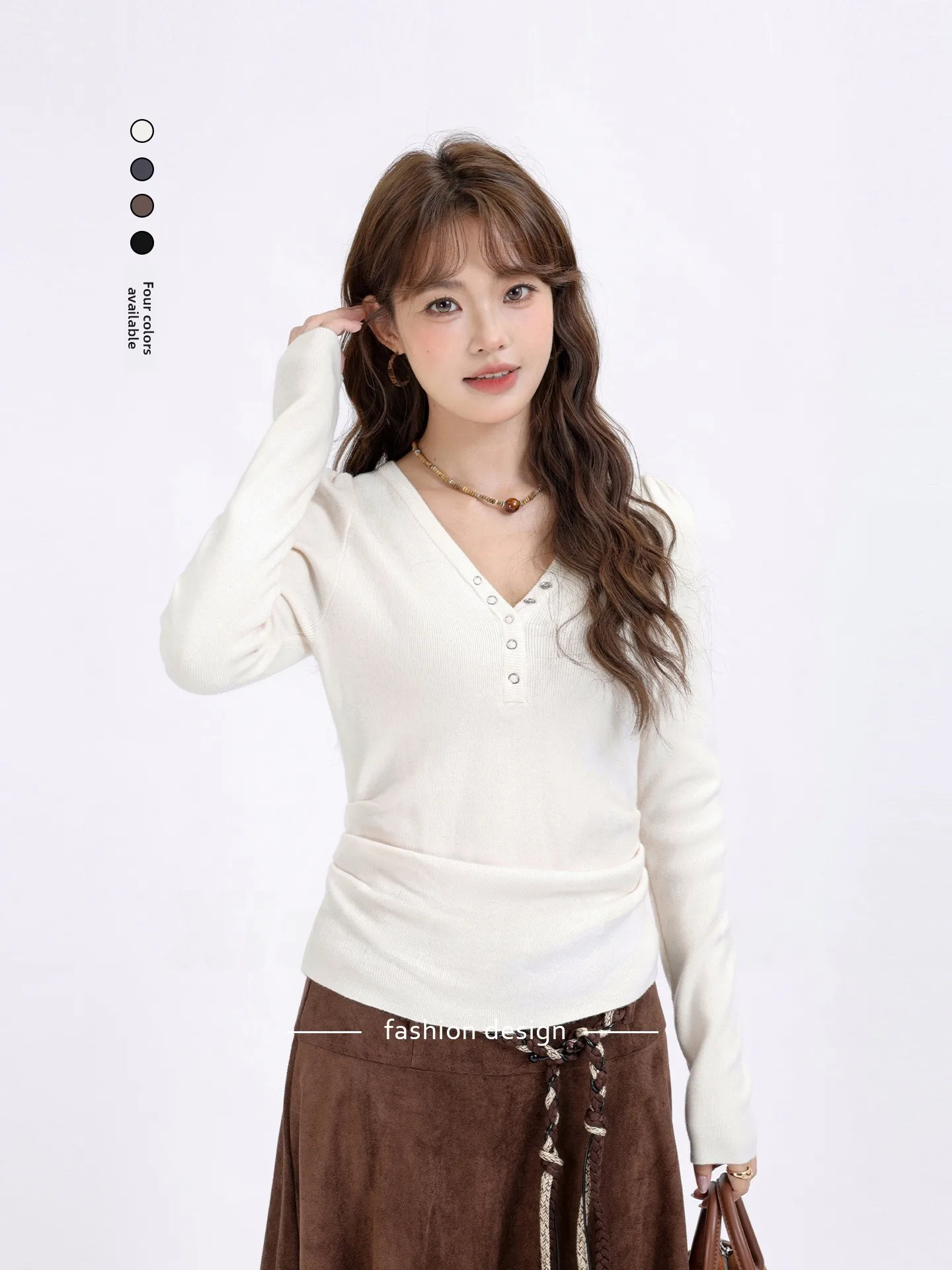 

Slim Fit V-Ne Long Sve T-irt Knitwear Waist-Cinching Korean Sle Casual Faion Inner Wear Color Top for Women