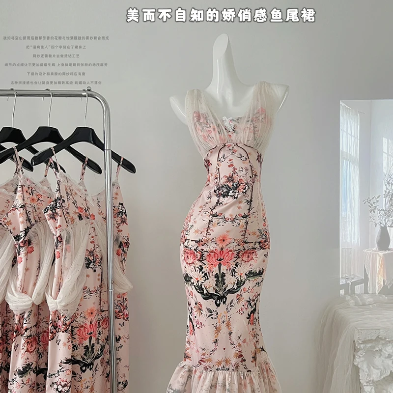 

Summer New Sling Strapless Fishtail Dress Fashion Print Long Dress High Waisted Slim Fit Sleeveless Backless Dress