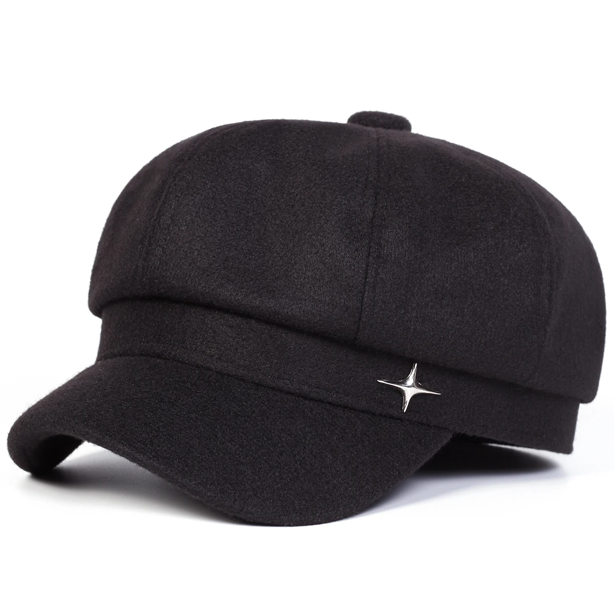 Unisex Four Pointed Star Label Label Woolen Newsboy Hat Spring and Autumn Retro Beret Hats Wild Casual Hats Octagonal Cap