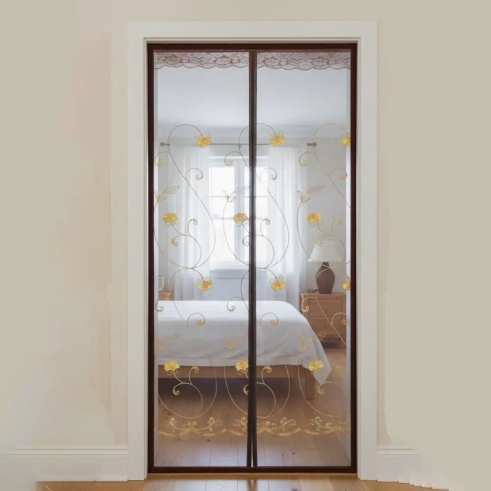 Embroidered Magnetic Screen Door Curtain Well-ventilated Insect-proof Mesh Door Curtain Automatic Closing No Punching