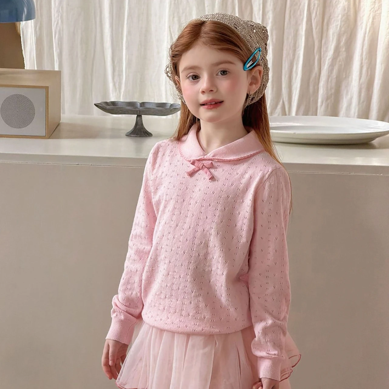 Girls T-shirt 2026 Spring and Summer New Childrens Clothing Korean Style Girl Baby Foreign Style Bow Knit Hollow Top Simple
