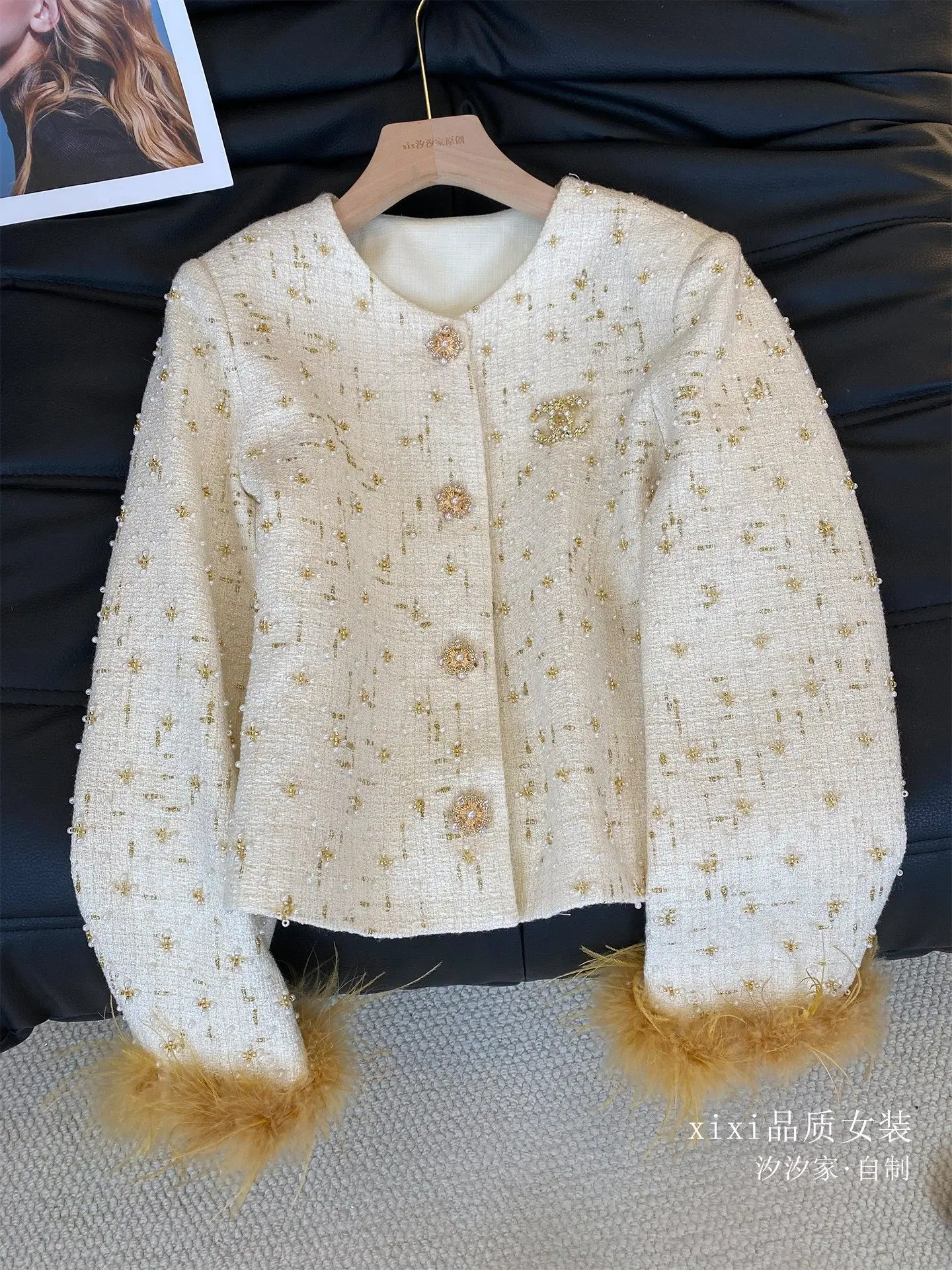 New Dingzhu temperament, socialite, western-style ostrich wool short jacket coat
