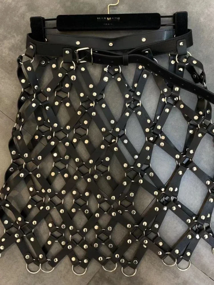 2025 Autumn New Pu Leather Skirt Women Sexy Diamond Grid Hollowed Out PU Skirt Outwear Nigh Club Lady Skirts Mini