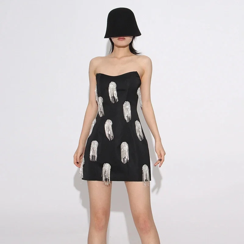 

2025 Spring New Luxury Strapless Mini Dress Women Slim Fit Embellished Crystal Fringe Party Evening Cocktail Dresses