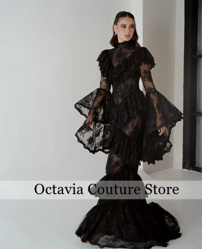 

Saudi Arabic Customized Exquisite Black Lace High Collar Evening Dress High Quality Long Sleeves Butterfly Tiered فستان وردي