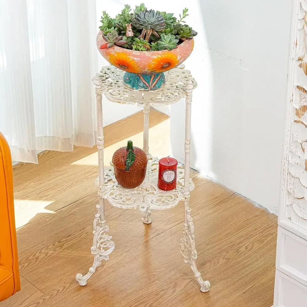 Antique White 2-Tier Cast Iron Plant Stand, 24 Tall, Rustic Pot Holder for Indoor/Outdoor Use