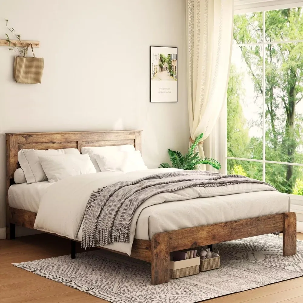 with Wood Headboard and Footboard, 12 Wood Slats Support, No Box Spring N King Size Bed Frame, Rustic Vintage Platform Bed Frame