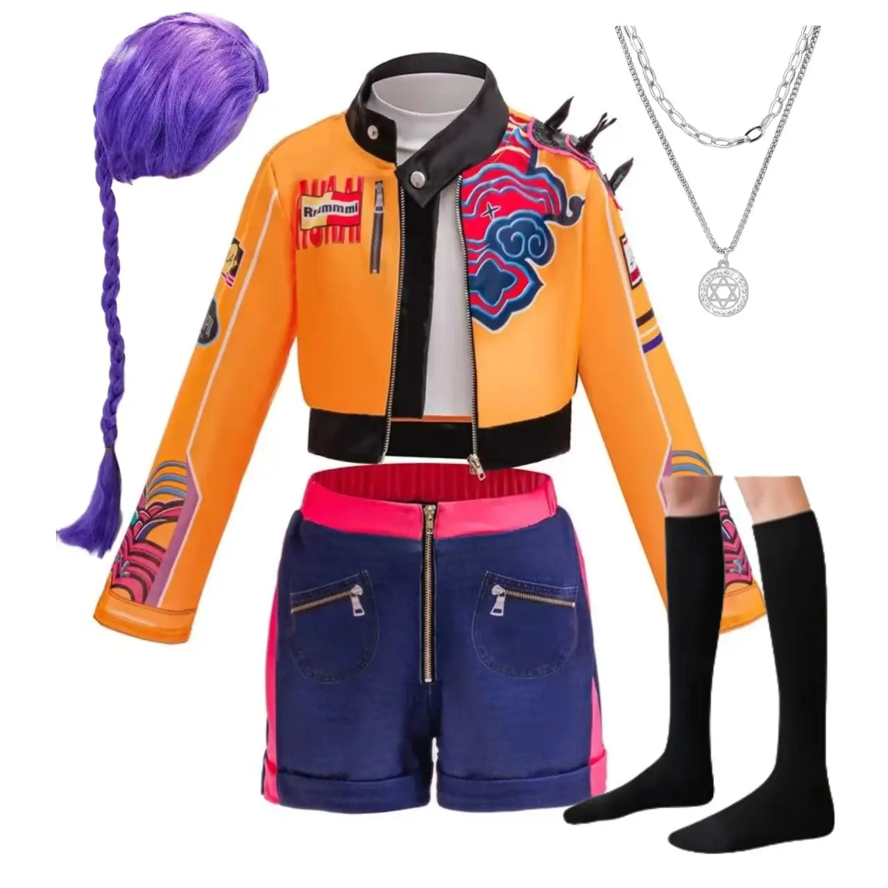

Halloween Girls Rumi KPop Hip Hop Embroidered Jacket Shorts Outfits +Tassel Necklace Demon Hunter Roleplay Party Cloth