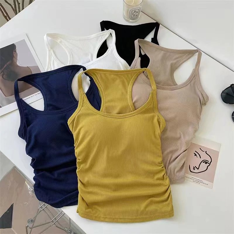 Ribbed Camisole with Padded Bust Women Sleeveless Undershirt Summer Solid Color Outerwear Concealing Side Cleavage