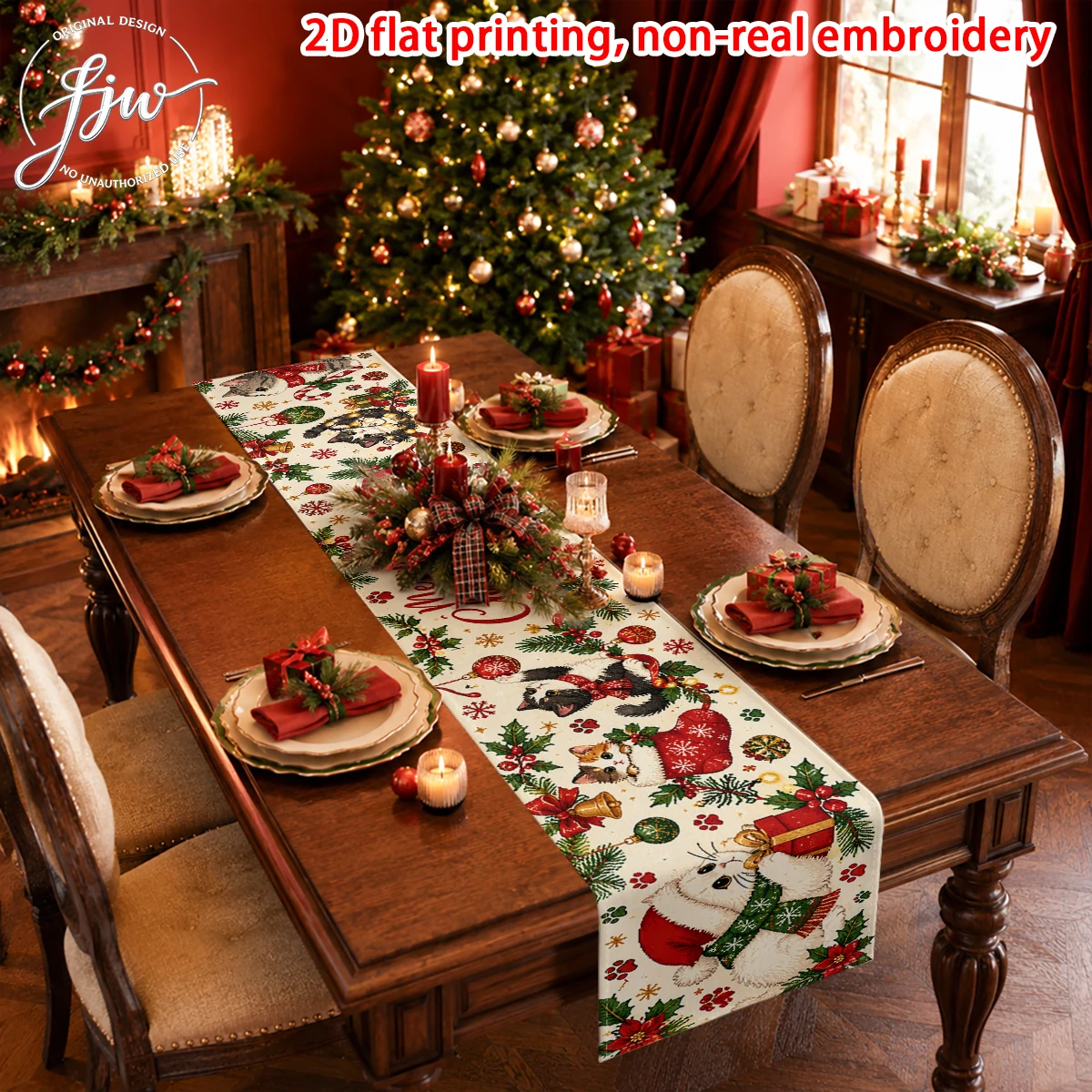 1pc Christmas Table Runner, 2D Flat Printed Festive Dining Table Decor for Holiday Party Home Kitchen