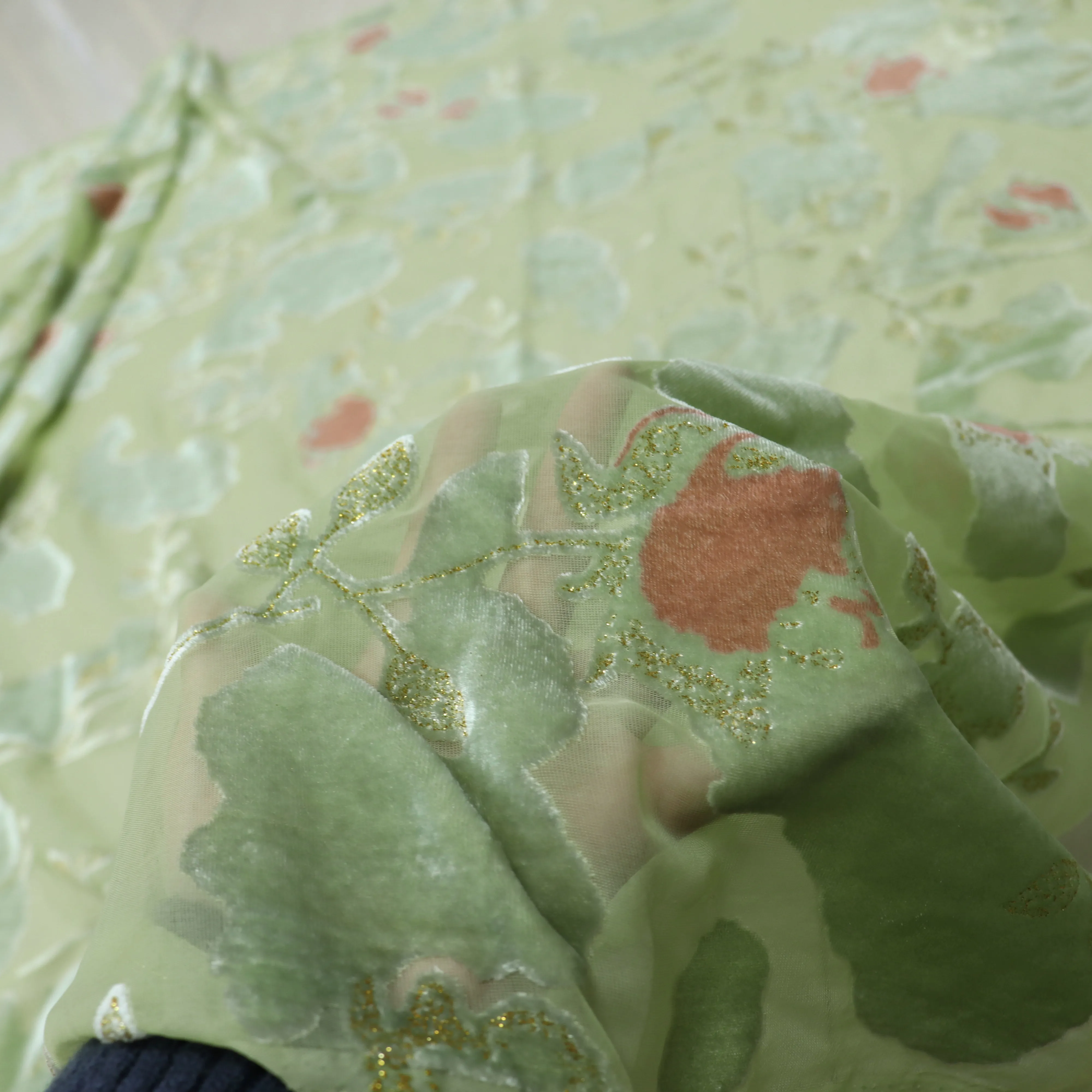 Foil Devore Velvet Designer Fabric with Printed Woven Surface for Editorial Wardrobe and Wardrobes
