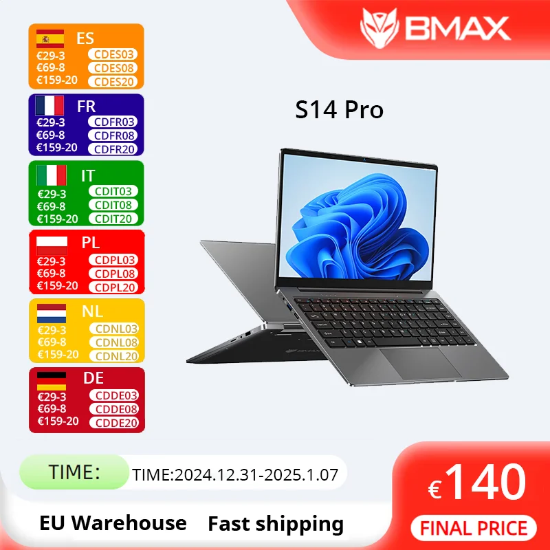 BMAX S14 Pro Intel N5000 8GB RAM 256GB SSD CPU 1920*1080 14 Inch Laptop Windows 11 Notebook Dual Wifi USB laptop PC