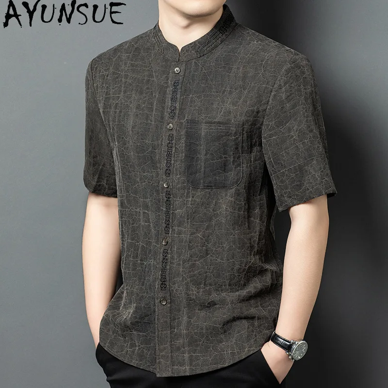 AYUNSUE 100% Real Mulberry Silk Shirt for Men Summer Top 2026 High Quality Short Sleeve Shirts Man Stand Collar Gauze Silk Shirt