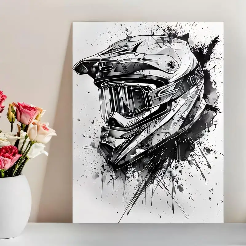 Black & White Ink Splatter Motorcycle Helmet Metal Wall Art - Graffiti Style Iron Painting, Perfect for Garage & Biker Room Deco