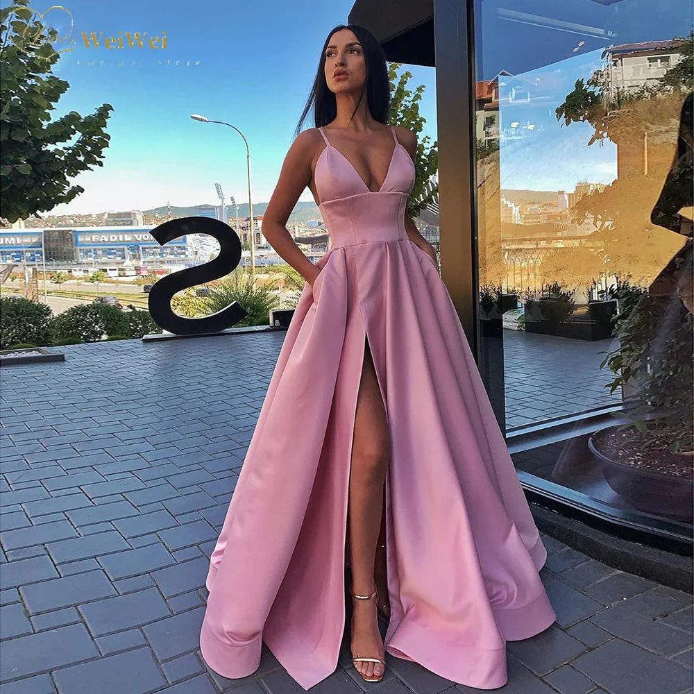 New Sexy V Neck Satin Evening Dresses Spaghetti Strap Side Slit Prom Dress High Waist Evening Gowns Party Dress Robe De Soiree