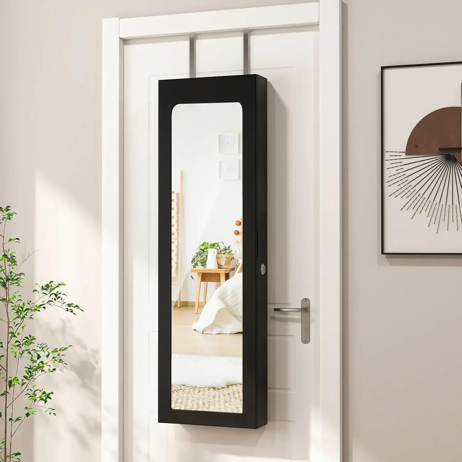 Wall Door Mounted Jewelry Cabinet with Full Length Mirror, Lockable Over Door Jewelry Armoire with LED Lights, 47.5