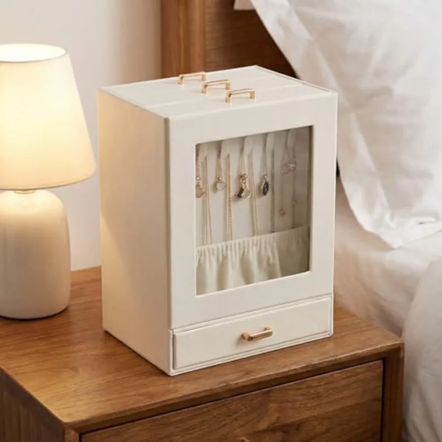 

3-Tier Jewelry Organizer Box Velvet Lining Jewelry Storage with Transparent Window Multi-Compartment for Necklaces Earrings Rin