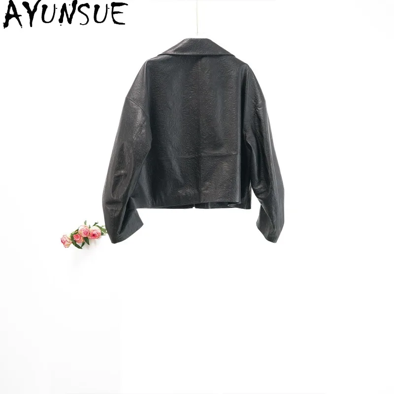 AYUNSUE Real Leather Jacket Woman Loose Embossed Texture Outerwear Curved Scimitar Sleeves Sheepskin Jacket Woman Clothes 가죽자켓
