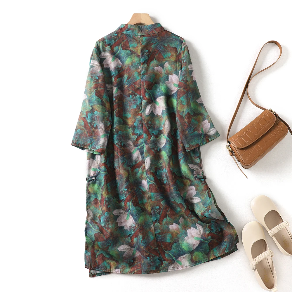

Elegant Cotton Linen Print Shirt Dress Vintage Stand Collar Loose Fit mid Length Summer New Style for Young Women over 25