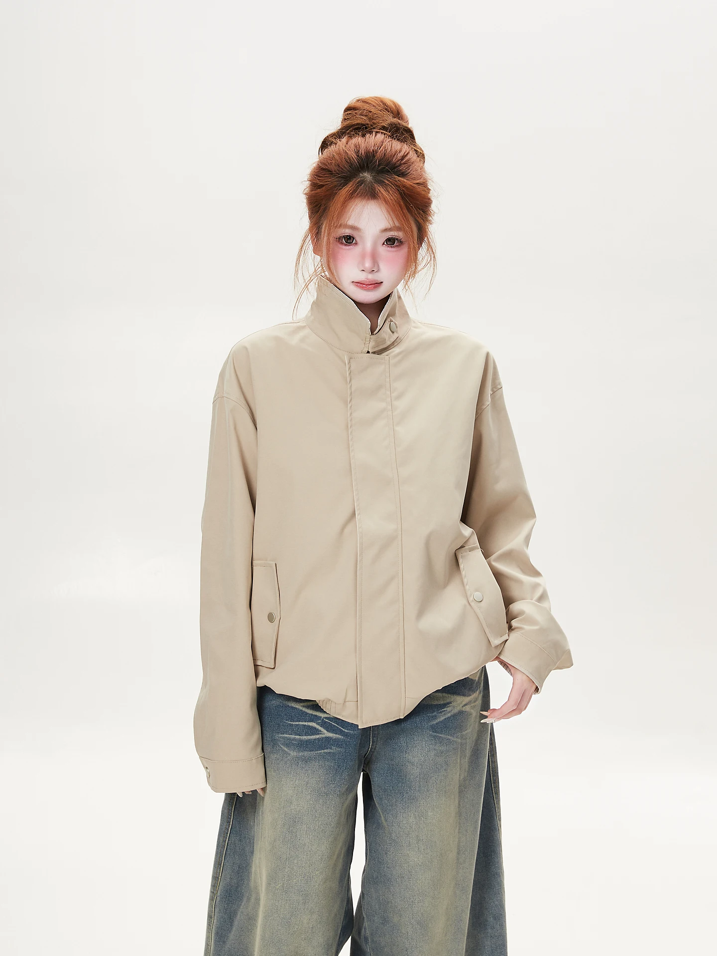 Retro American Tawny Collar Workwear Jacket Loose Men's Inner Stripe Short Outerwear Polyester Fiber Long Sleeve Zipper