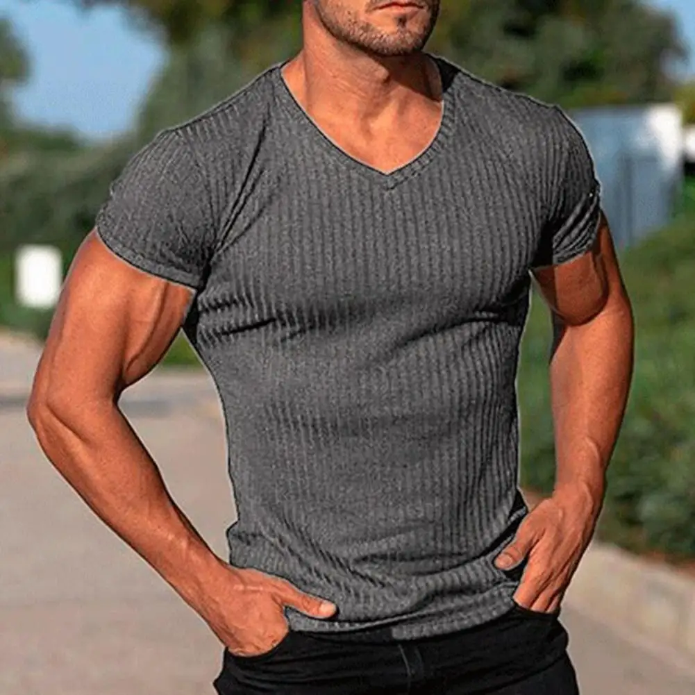 V-neck Short Sleeve Vertical Striped Lines Men T-shirt Solid Color Simple Summer Tee Shirt Streetwear