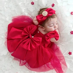 Ylsteed Newborn Girl Photoshoot Outfit Baby Girl Red Big Bow Mesh Dress with Rhinestones Headband Infant Photography Props