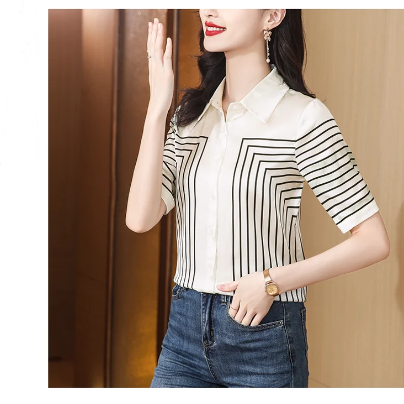 Summer Women\'s Patchwork Striped Polo Neck Short Sleeve Loose Thin Plus Size Shirt Single Bonded Elegant Fashion Casual Tops