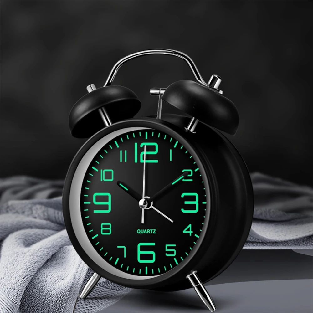 4 Inch Luminous Alarm Clock Metal Frame Twin Bell Loud Volume For Student To Wake Up Bedside Table Clock For Home And Office