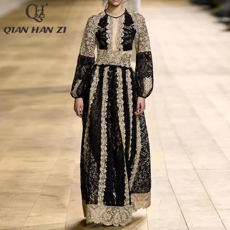 

QHZ Designer Fashion lace long dress fall women vintage Lantern sleeve color block embroidery Hollow elegant party maxi dress