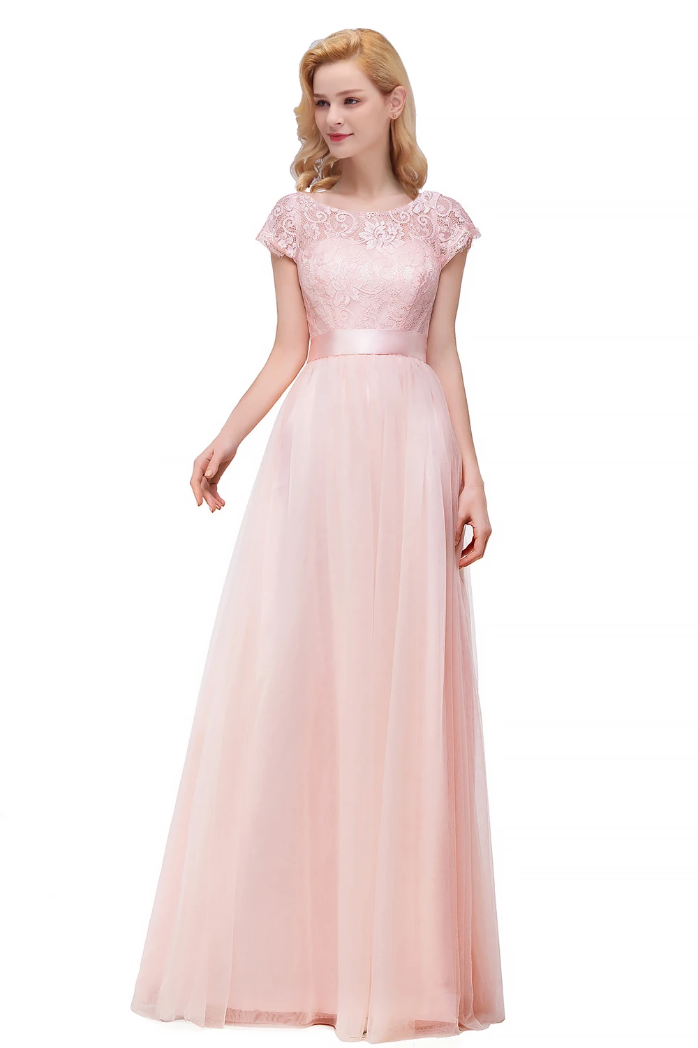 A Line Lace Bridesmaid Dresses For Women Short Sleeve Elegant Tulle Formal Wedding Prom Evening Party Maxi Gowns with Belt