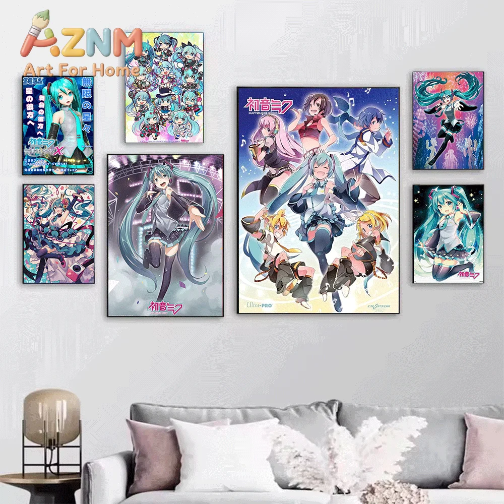 AZNM Hatsune Miku Dynamic Stage Canvas Painting, Frameless Canvas Wall Art, Virtual Singer Anime Wall Painting for Bedroom Liv