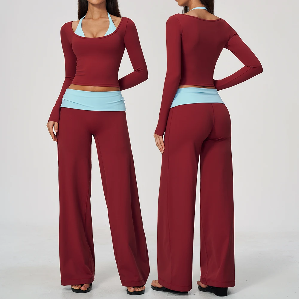 Women 2 Piece Yoga Set Gym Clothing Fitness Suit Workout Tracksuit Running Sportswear Outfits Layered Long Sleeve Wide Leg Pants