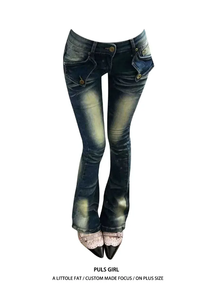 

Ретро джинсы-клеш с эффектом потертости для женщин больших размеров, облегающие, повседневные, с низкой посадкой, с вышивкой, в стиле Hot Girl