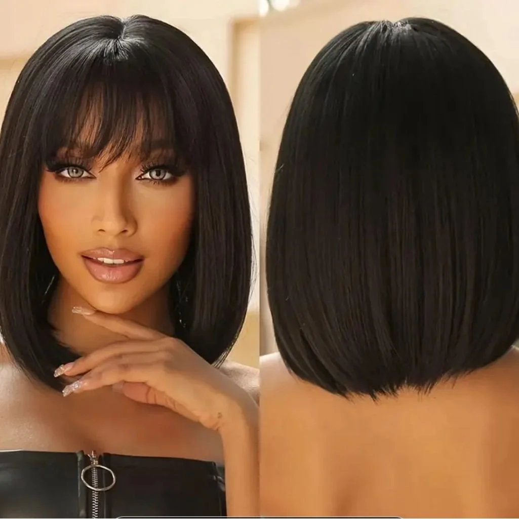 12 Inches Bangs Bob Wig Human Hair with Bangs 2×1 Lace Closure Human Hair Wigs with Bangs 180% Density, Beginner-Friendly Black