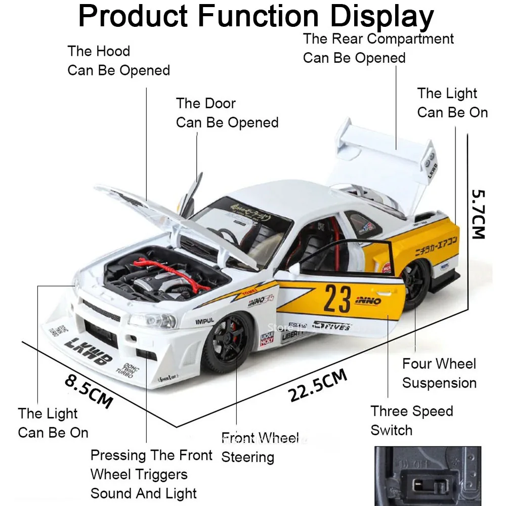 1:24 Scale GTR-S15 GTR-R34 Sports Car Model Toy Wheel Steering Doors Opened High Simulation Vehicle Models Collectible Item