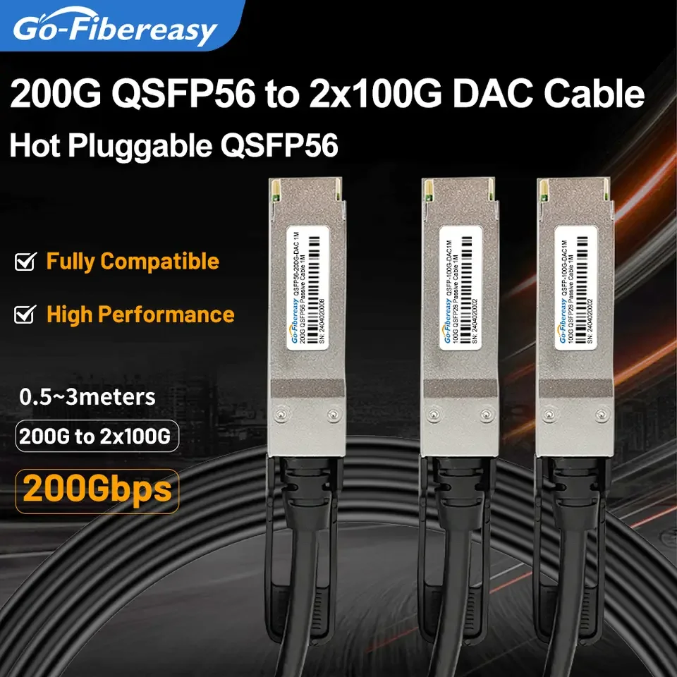 SFP56 200G DAC Cable 0.5m~3M 200Gb PAM4 QSFP56 to 2x100G High Speed Twinax Copper Cable Compatible for Mellanox Juniper Switch