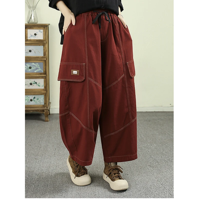 

Новинка 2026 года: Женские винтажные брюки-галифе из хлопка хорошего качества, длиной до икры, повседневные, свободные, с эластичным поясом, Q112