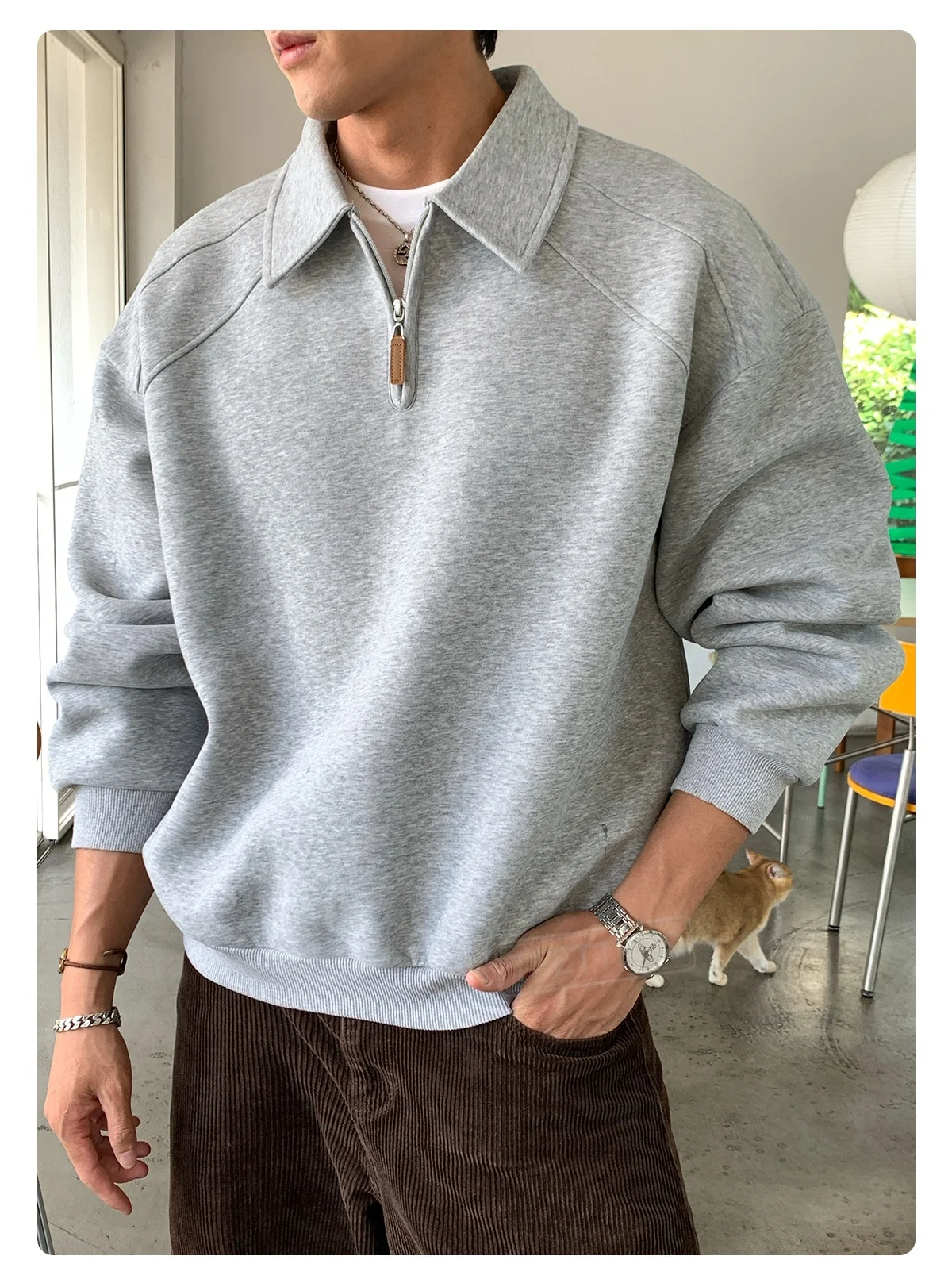 TFETTERS Eu Size 2026 Men Half Zip Collared Sweatshirt Autumn Heather Gray Pullover Loose Fit Casual Daily Long Sleeve Sweat Top