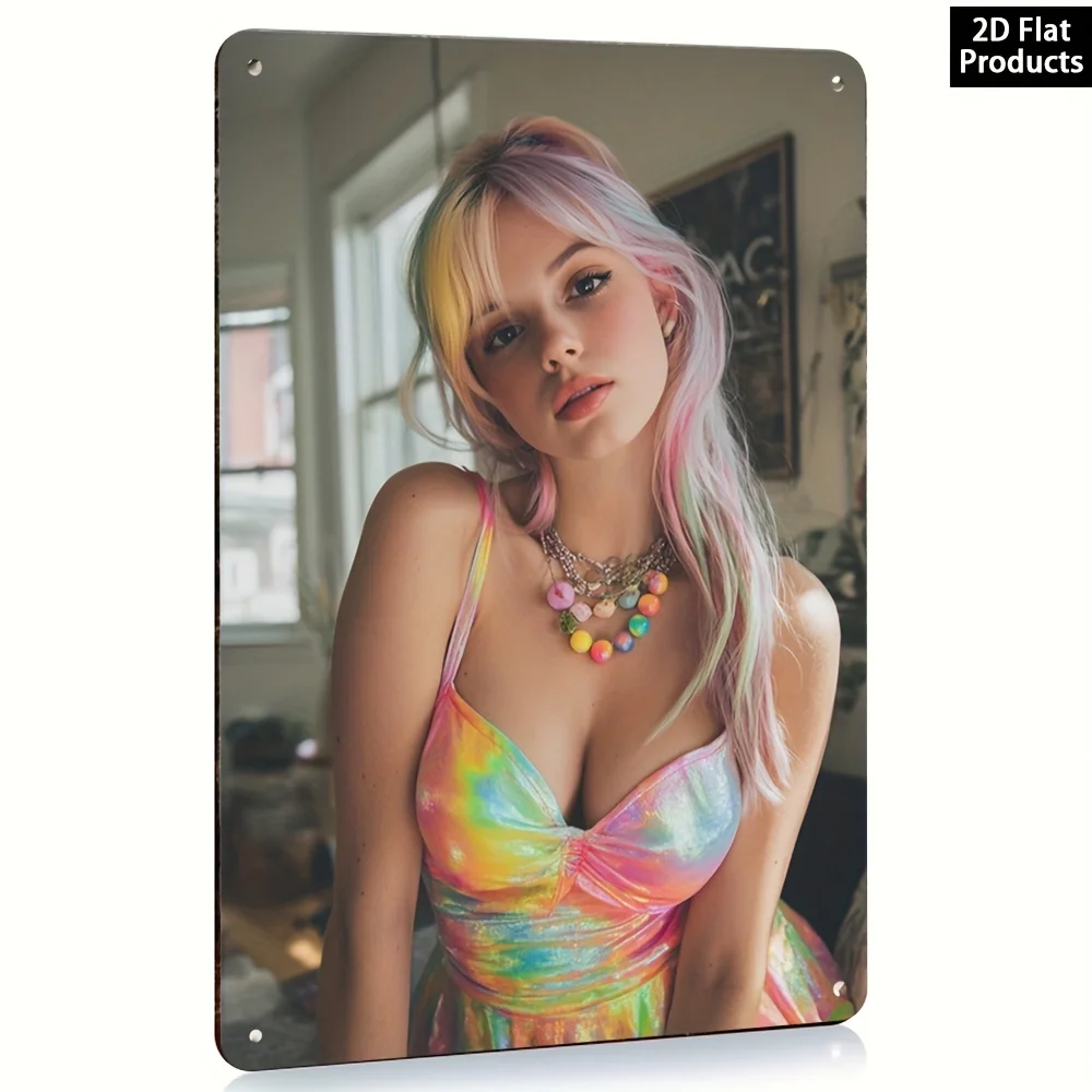 Retro Gothic Metal Wall Art Sign - Rainbow Hair & Holographic Makeup Design, 2D Flat Art Decor for Home, Cafe, Studio